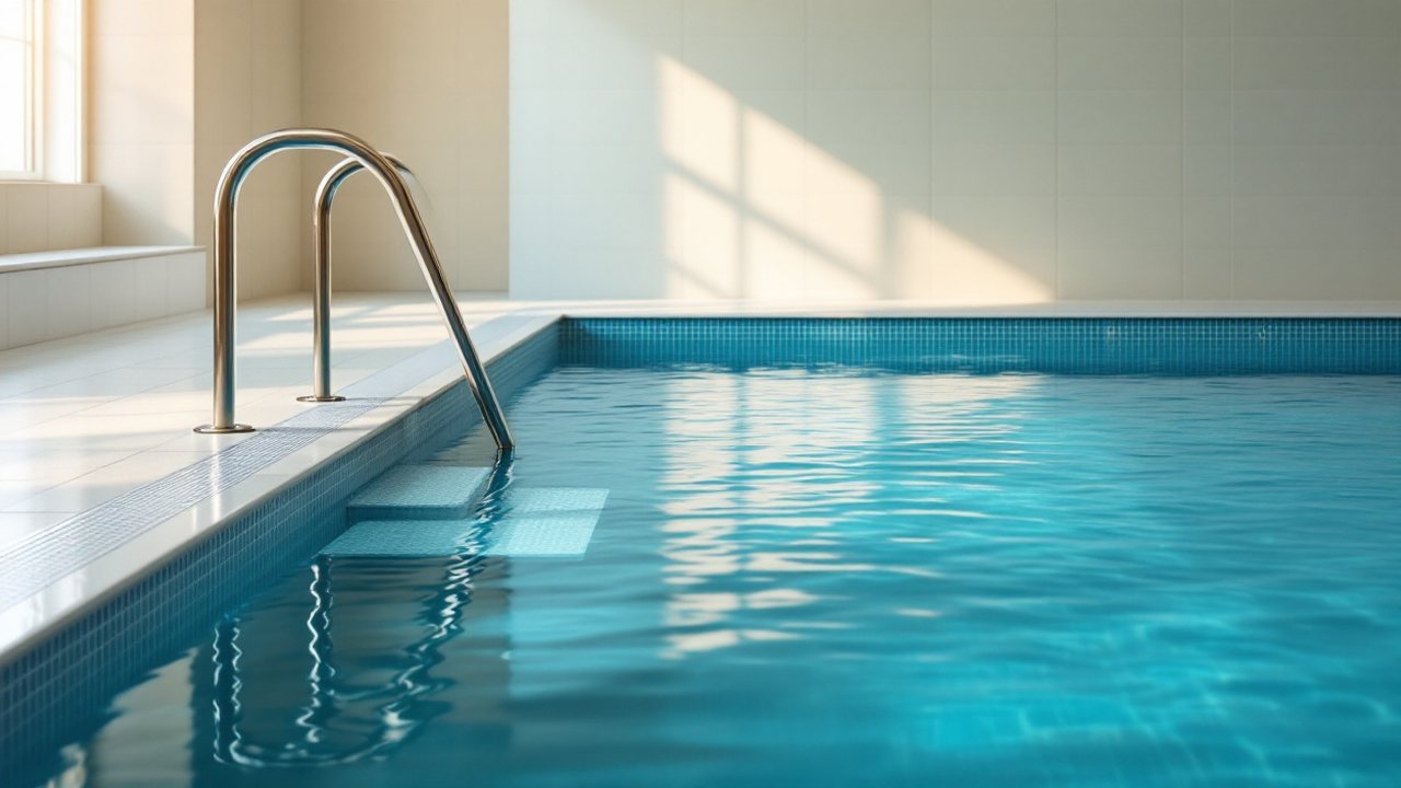 Superfície de água de uma piscina interior de reabilitação, com corrimão