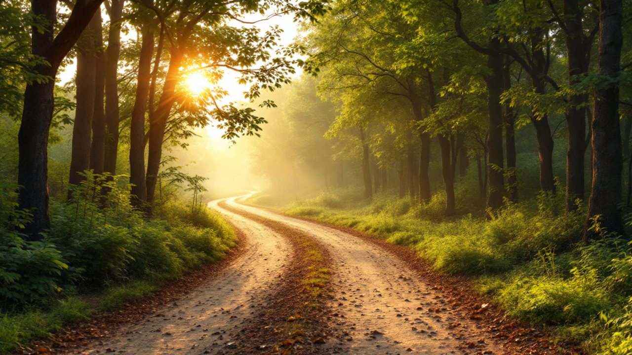 Percurso de terra batida ao amanhecer, ladeado de árvores