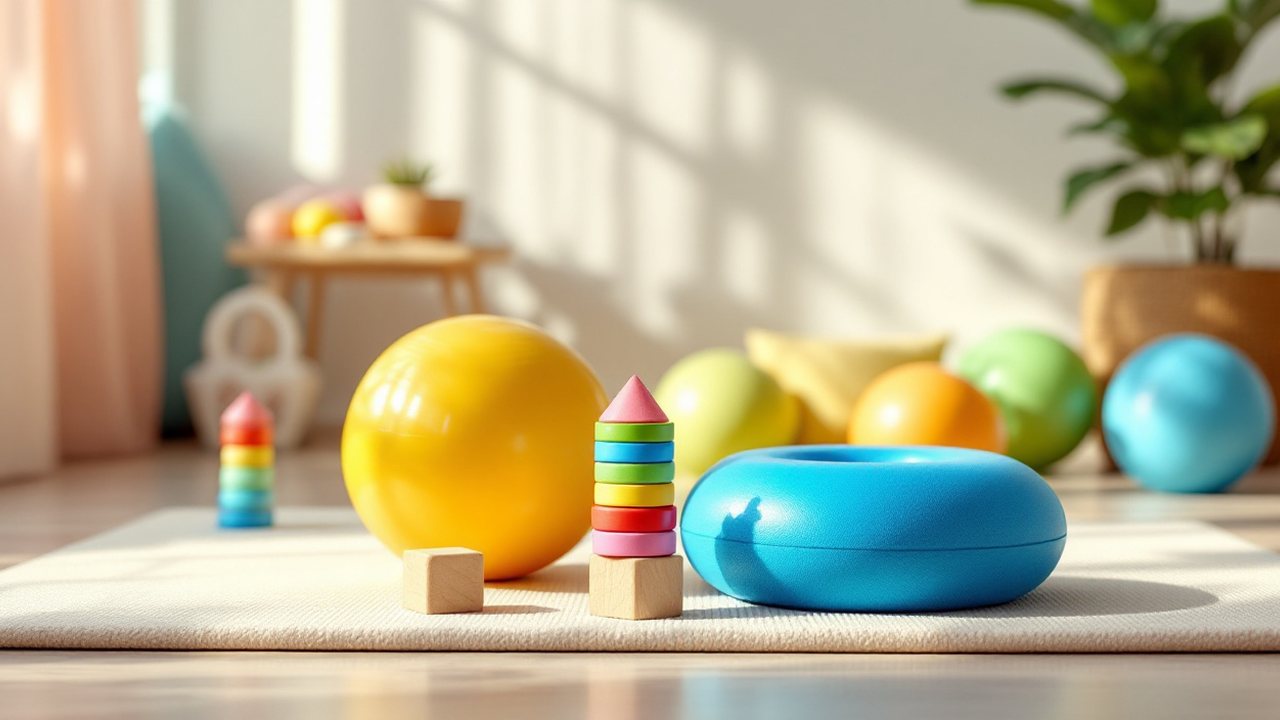 Bolas de terapia, almofada de equilíbrio e blocos de madeira numa sala infantil