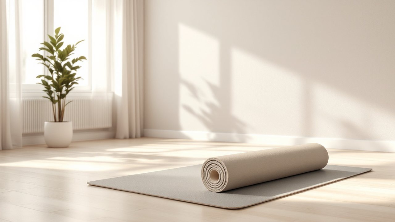Colchão de exercício enrolado e rolo de espuma numa sala de reabilitação clara