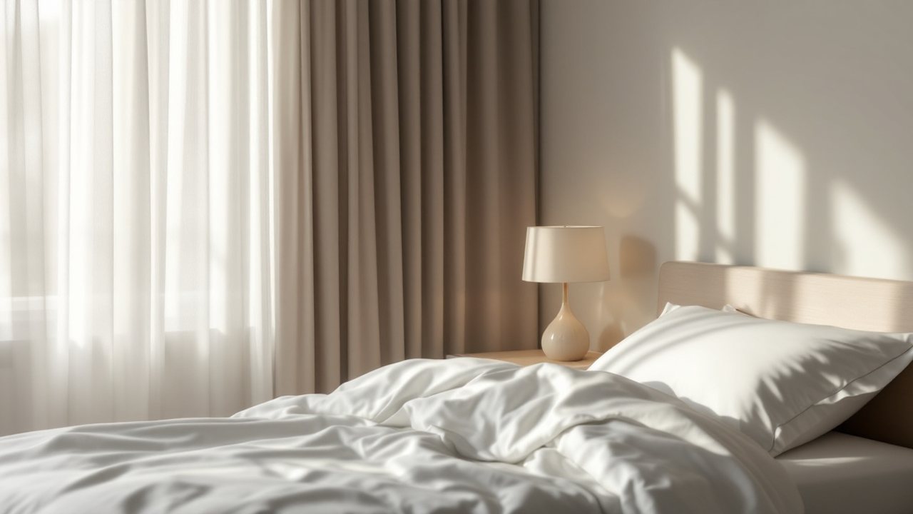 Quarto tranquilo com cama feita e luz suave da manhã