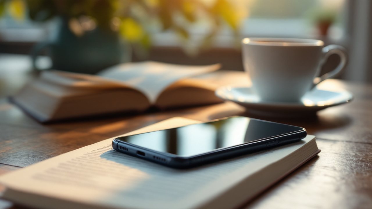 Telemóvel pousado sobre um livro numa mesa de madeira, ao fim da tarde