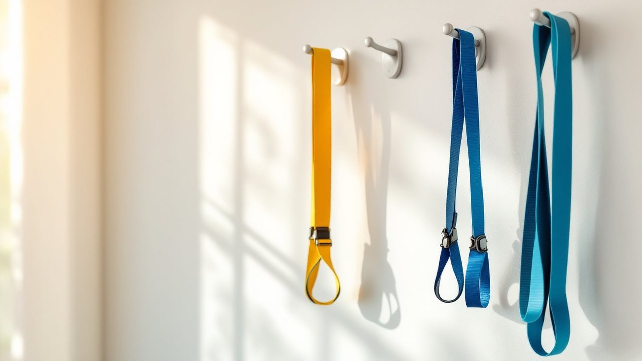 Bandas elásticas de treino penduradas numa parede de ginásio de reabilitação