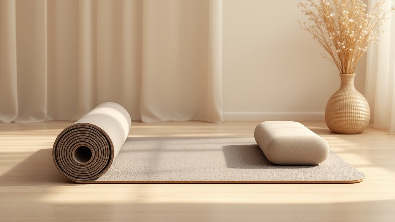 Colchão de exercício enrolado e almofada de posicionamento numa sala tranquila