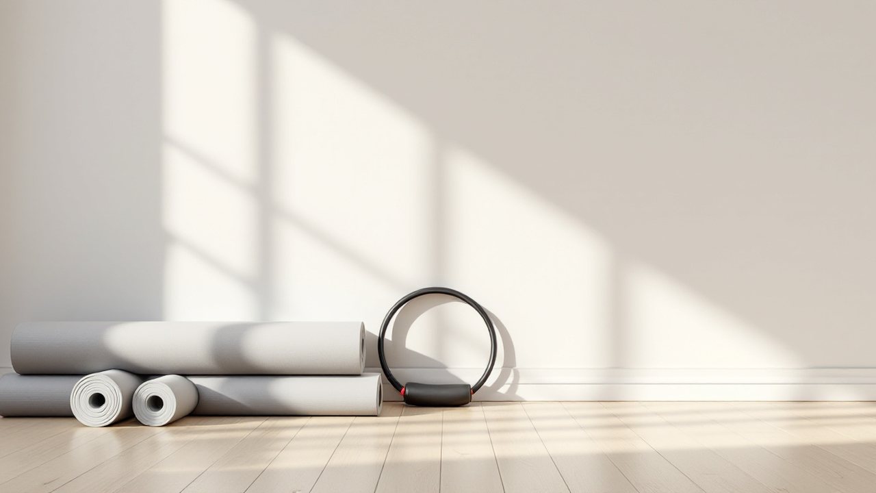 Colchões de Pilates enrolados e círculo de resistência arrumados numa sala clara