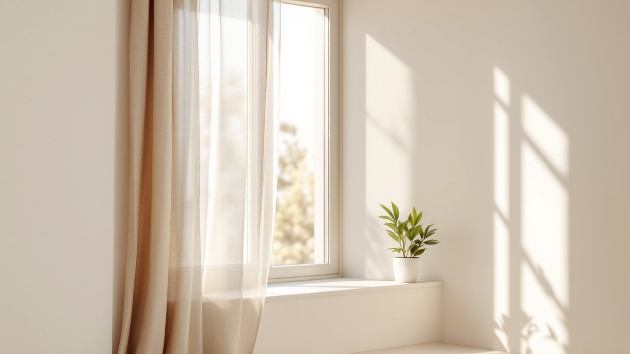 Janela aberta com cortina leve numa sala clara e arejada