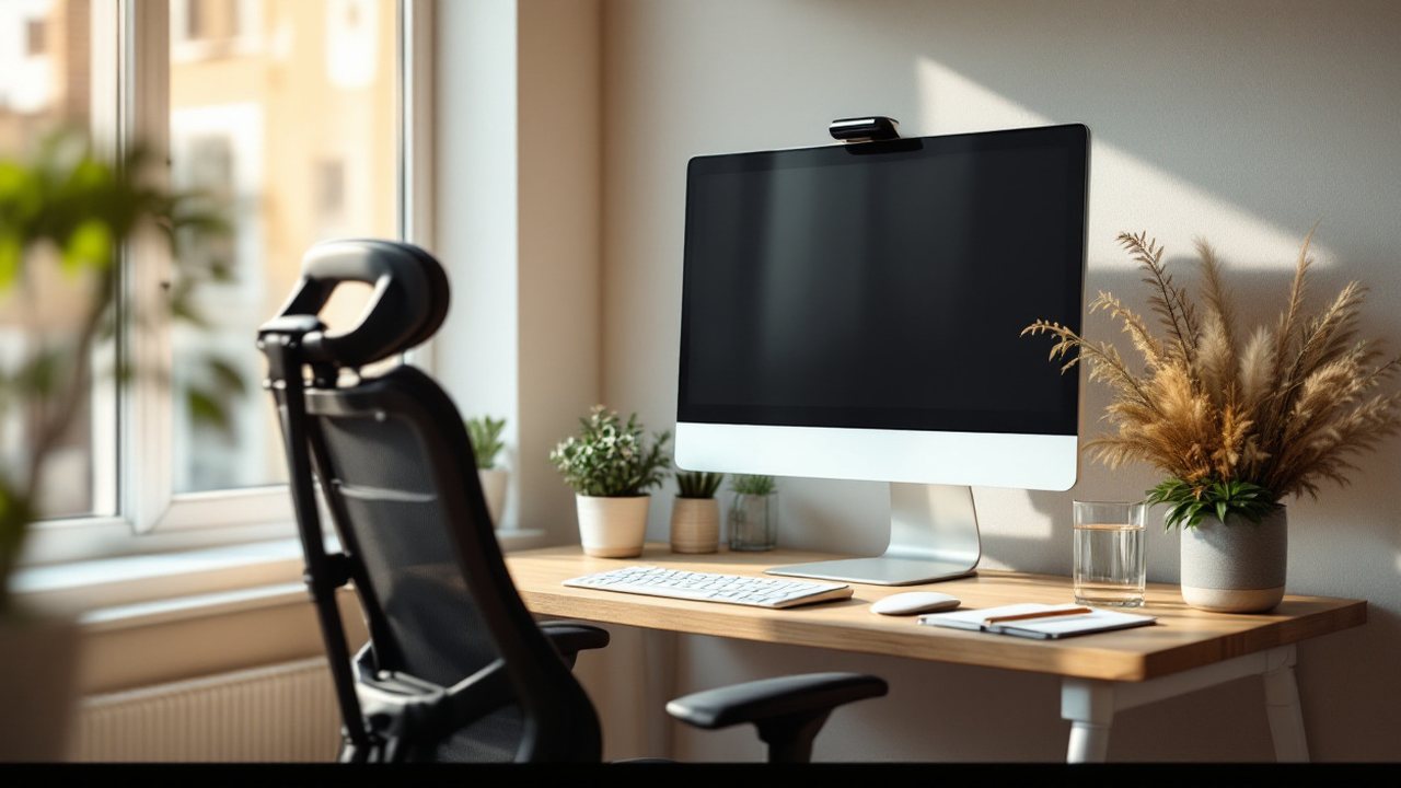 Secretária de trabalho com monitor, teclado e cadeira, junto a uma janela
