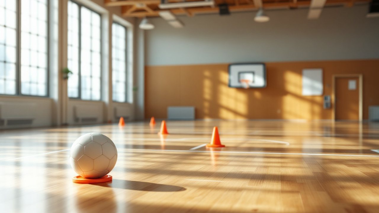 Bola de treino e cones de marcação num pavilhão desportivo vazio